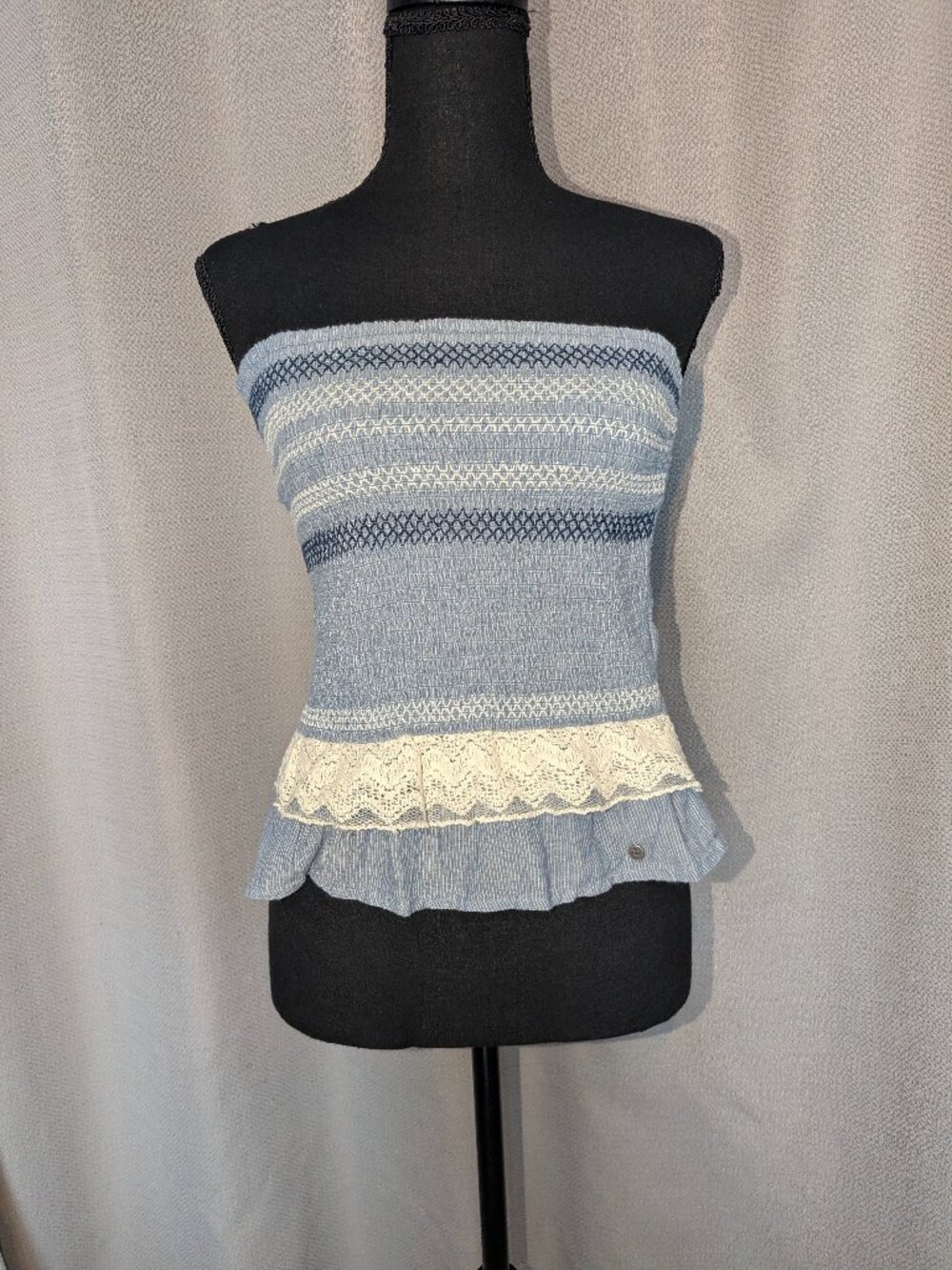 Abercrombie Striped Strapless Blue Knit Crop Top with Cream Lace Peplum